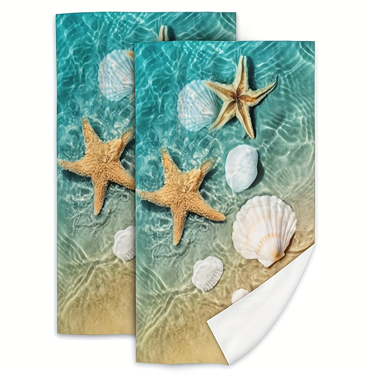TEMU 2pcs, Hand Towels, Starfish Shell Pattern Marine Theme Dish Towels, Absorbent Soft Colorful Printed Dishcloth, Tea Towels For Kitchen Drying Farmhouse Vacation Home Decoration, Kitchen Supplies
