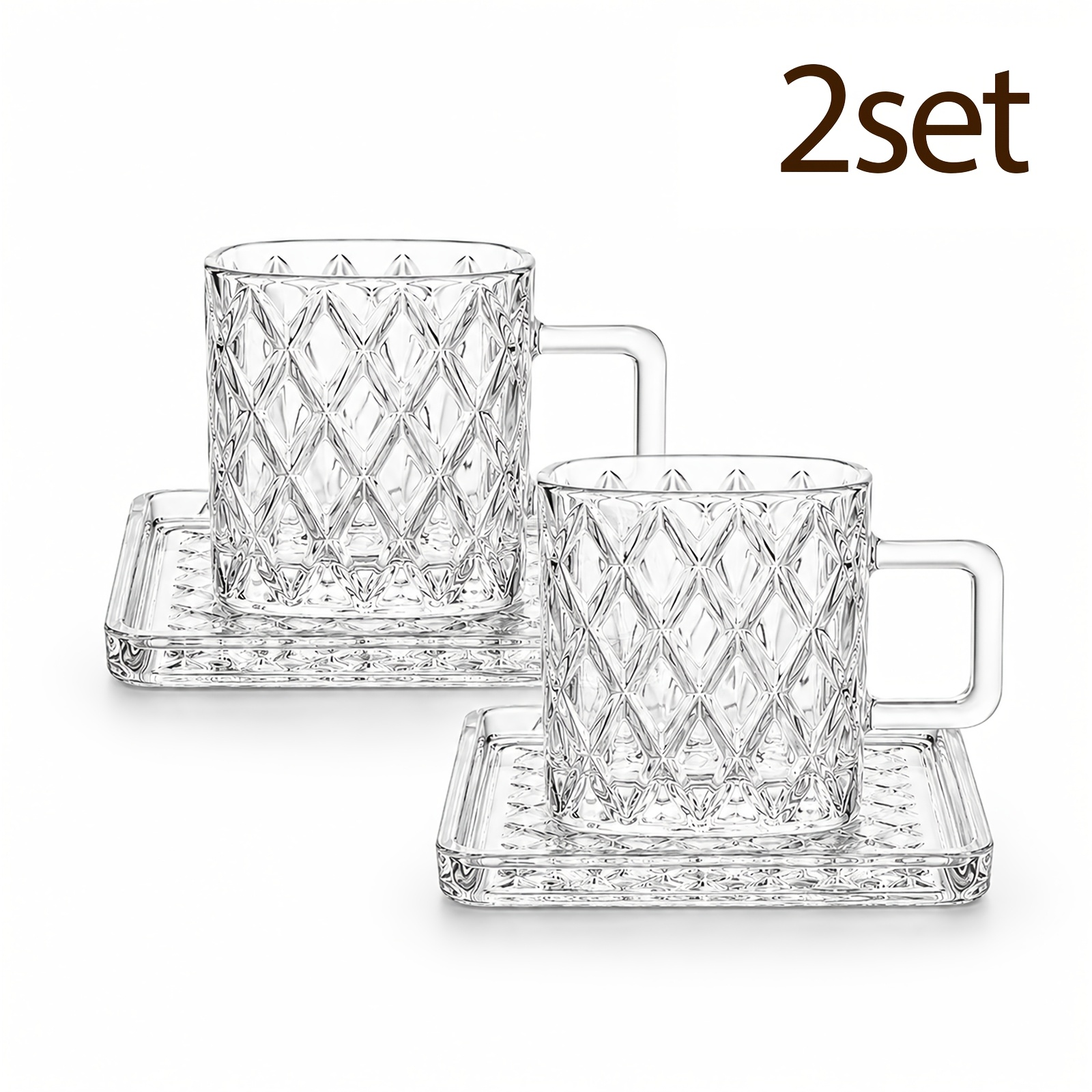 TEMU 2 Sets Vintage Crystal Glass Coffee Cup And Saucer Set, Diamond Embossed Glass Mug With Tray, Espresso Cappuccino Latte Tea Cup, Elegant Clear