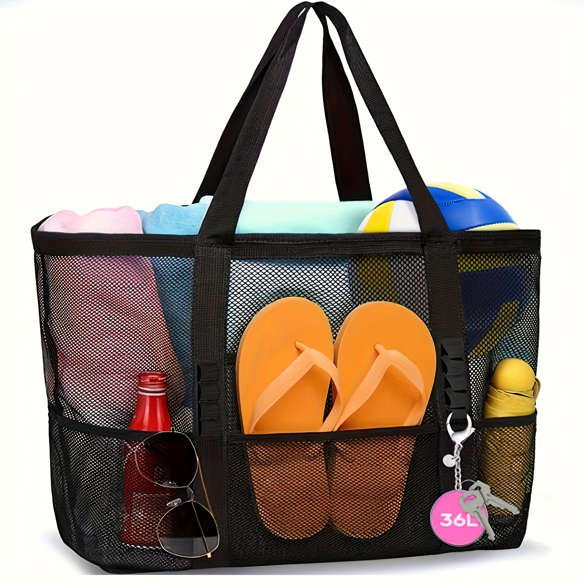 1pc large black mesh beach tote bag sand proof lightweight foldable with zipper and   pockets durable nylon material ideal for pool toys beach essentials vacation must haves oversized design with sturdy handle