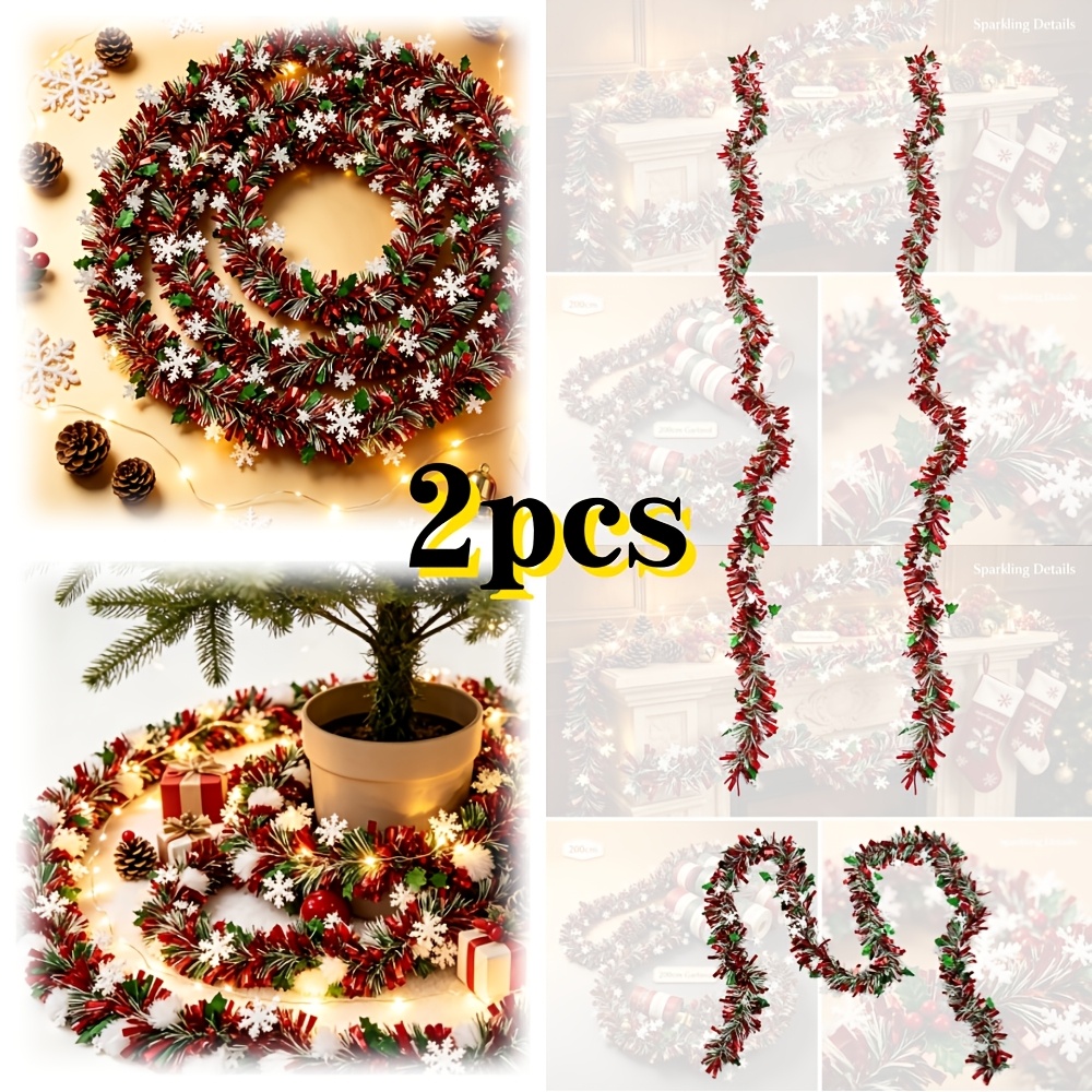 TEMU 2pcs = 4 Meters Ultra-long Christmas Tinsel Garland, With Exquisite Snowflakes, And Green Color Scheme, Full Of Atmosphere. Excellent
