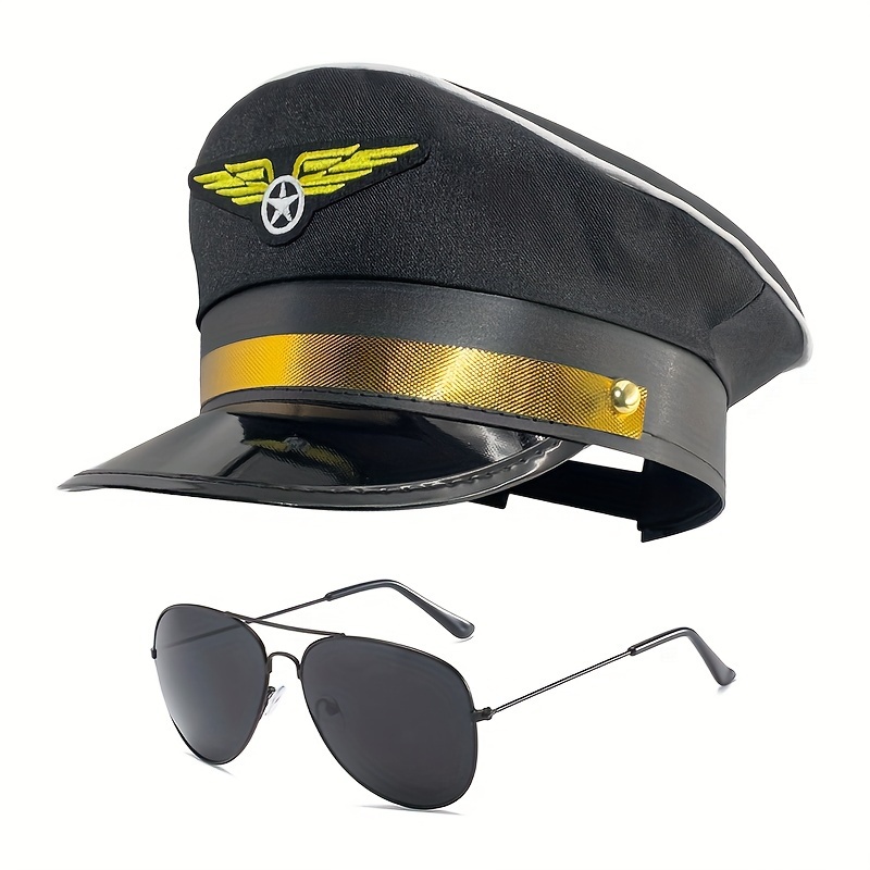 

Cap And Sunglasses Set - Black Airline Captain Hat With Wings Badge, Adjustable Size, Polyester Airplane Role-play Costume Accessory For Bachelor Party & Halloween - , No Feathers (2-piece Set)