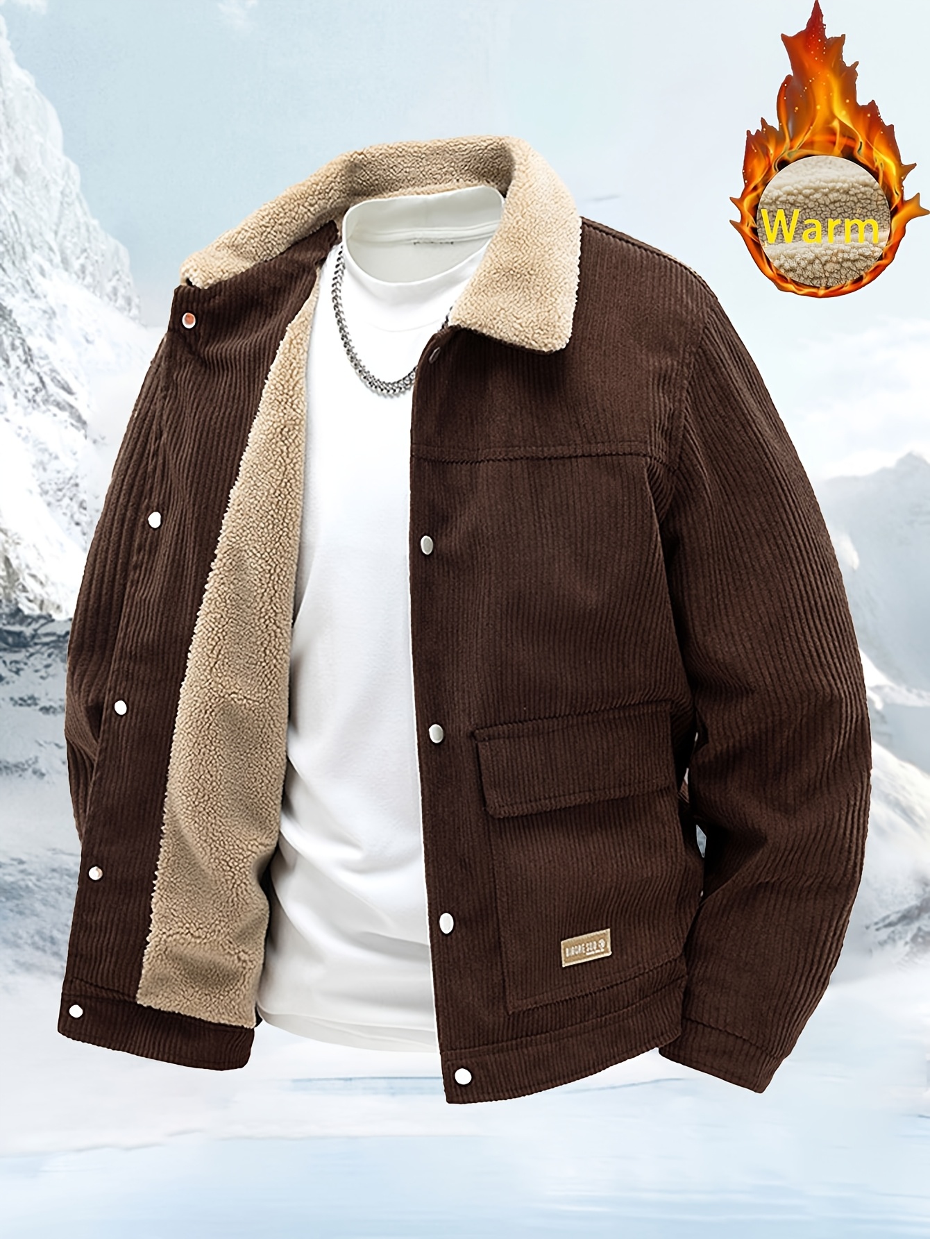 Autumn/Winter Men's Outdoor Corduroy Lapel -Lined Jacket with Lining, Warm and Cold-Resistant, Casual Outdoor -Lined Workwear Jacket