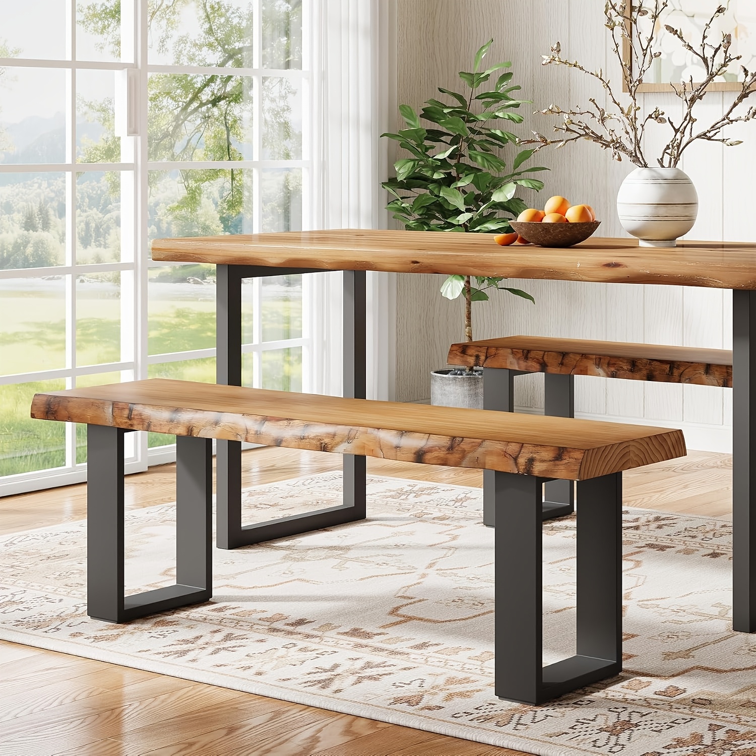 Image of 47 Inch Solid Wood Entryway Bench, Industrial Wooden Shoe Bench With Metal Legs, Slim Long Foot Bench For Bedroom, Living Room & Small Spaces, Easy To Assemble