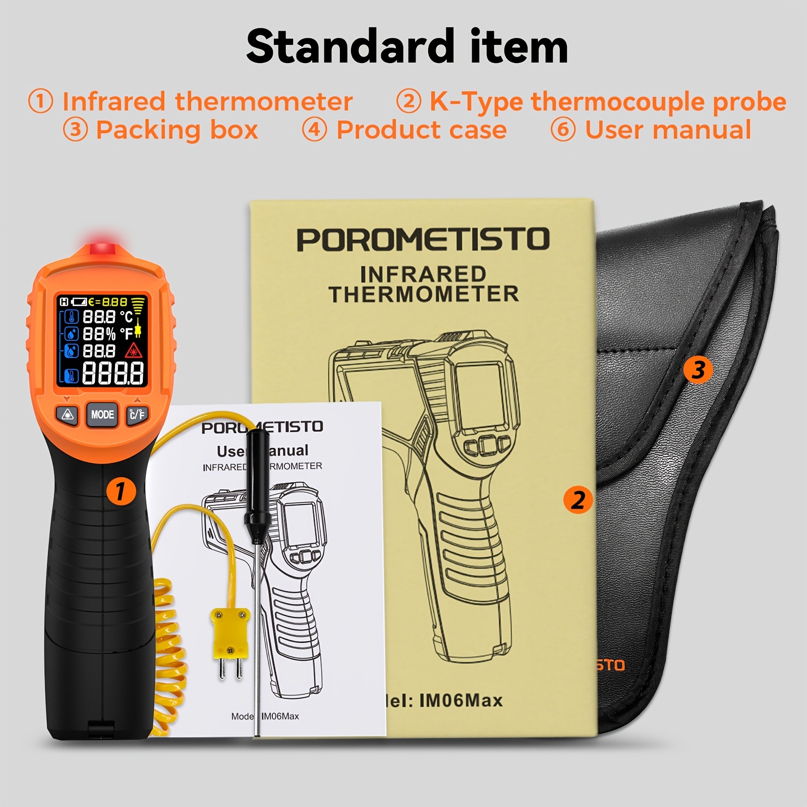 TEMU Porometisto Im06max, Digital Infrared Thermometer, -50 To C, Non-contact Laser Temperature Gun, With A Probe, Of Measuring Ambient Humidity And