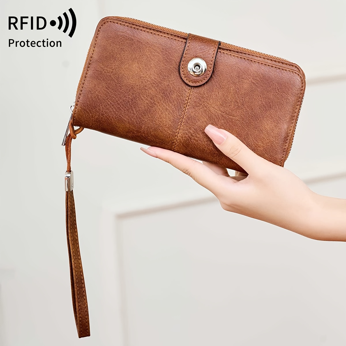Image of Miyin Women's Large Wallet With Wrist Strap & Id Window - Retro Bifold Credit Card Holder, Zipper Clutch Suitable For,, Travel, Cash/purse, Id Holder