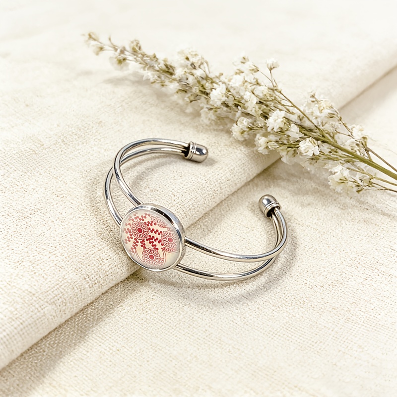 Women's Adjustable Open Bangle with Round Time Gemstone Inlay, Floral Design
