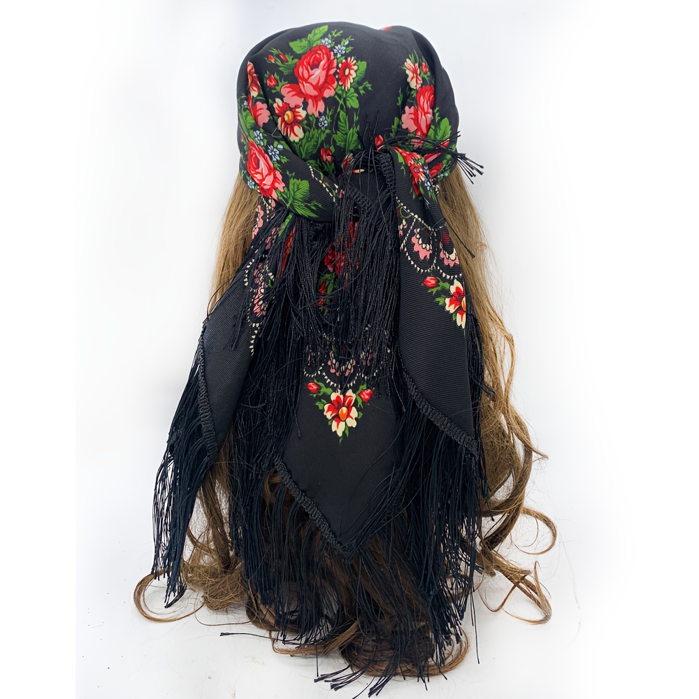Image of 70cm X 70cm Floral Print Women's Headscarf, Windproof And Dustproof Headscarf With Tassels, Small Square Scarf, Bohemian Style Scarf, Autumn/winter Warm Neckerchief
