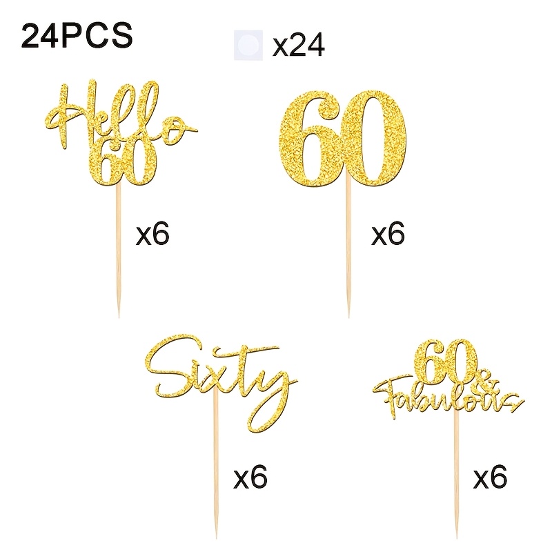 Image of 24pcs Glitter 60th Birthday Cupcake Toppers, Decorating Supplies For 60th Anniversary Celebrations, Glitter 60th Birthday Decoration For 60th Wedding Anniversary Cake Decorations, Halloween, Christmas