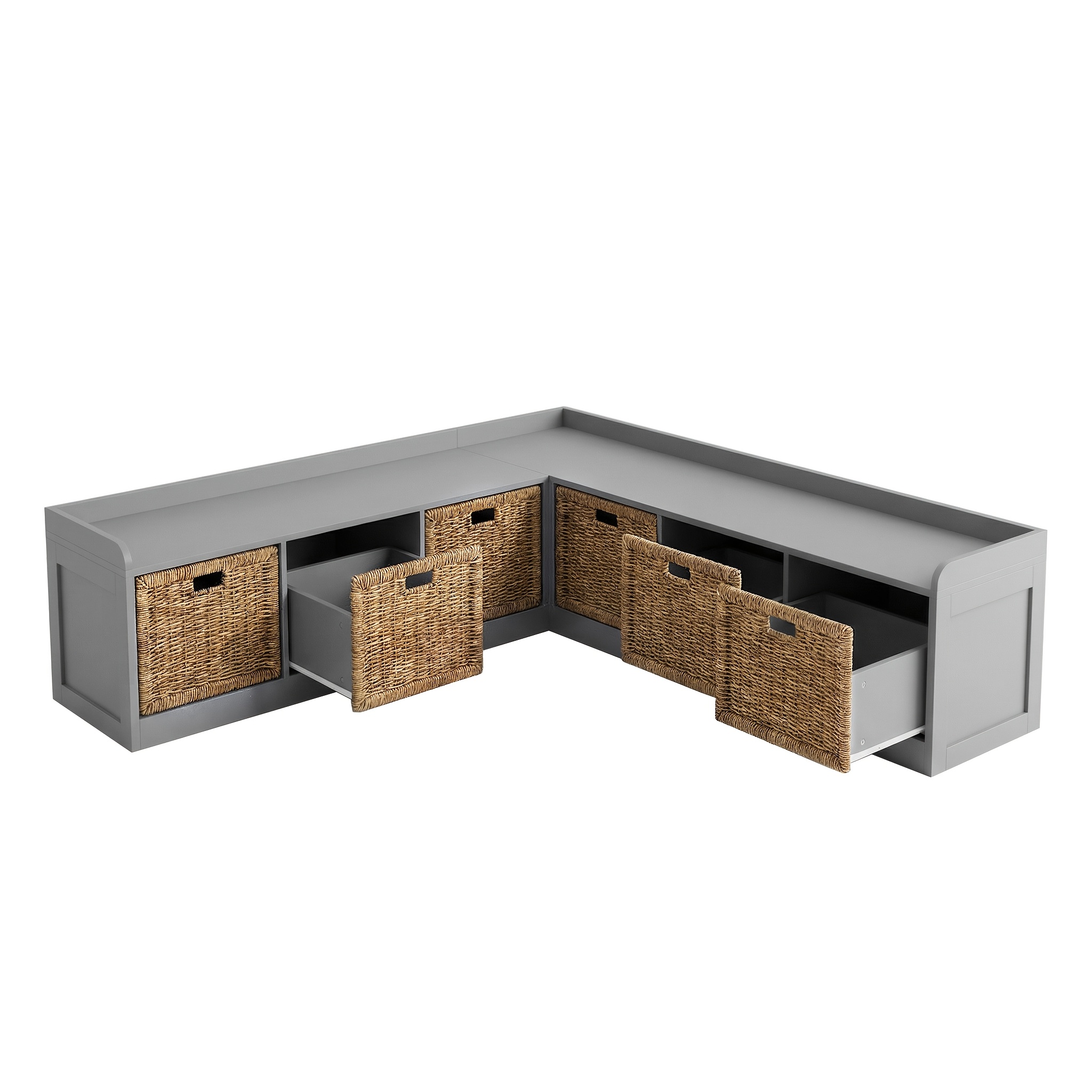 Modern L-Shaped Shoe Cabinet with 6 Rattan Drawers, Multi-Functional Wood Shoe Storage Cabinet with Storage Compartments, for Entryway And Living Room, Modern Design, Gray