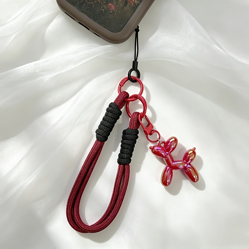TEMU Cordón de muñeca tejido para teléfono con colgante de cachorro en iridiscente láser de estilo suave, con de nailon engrosado y diseño de bloques
