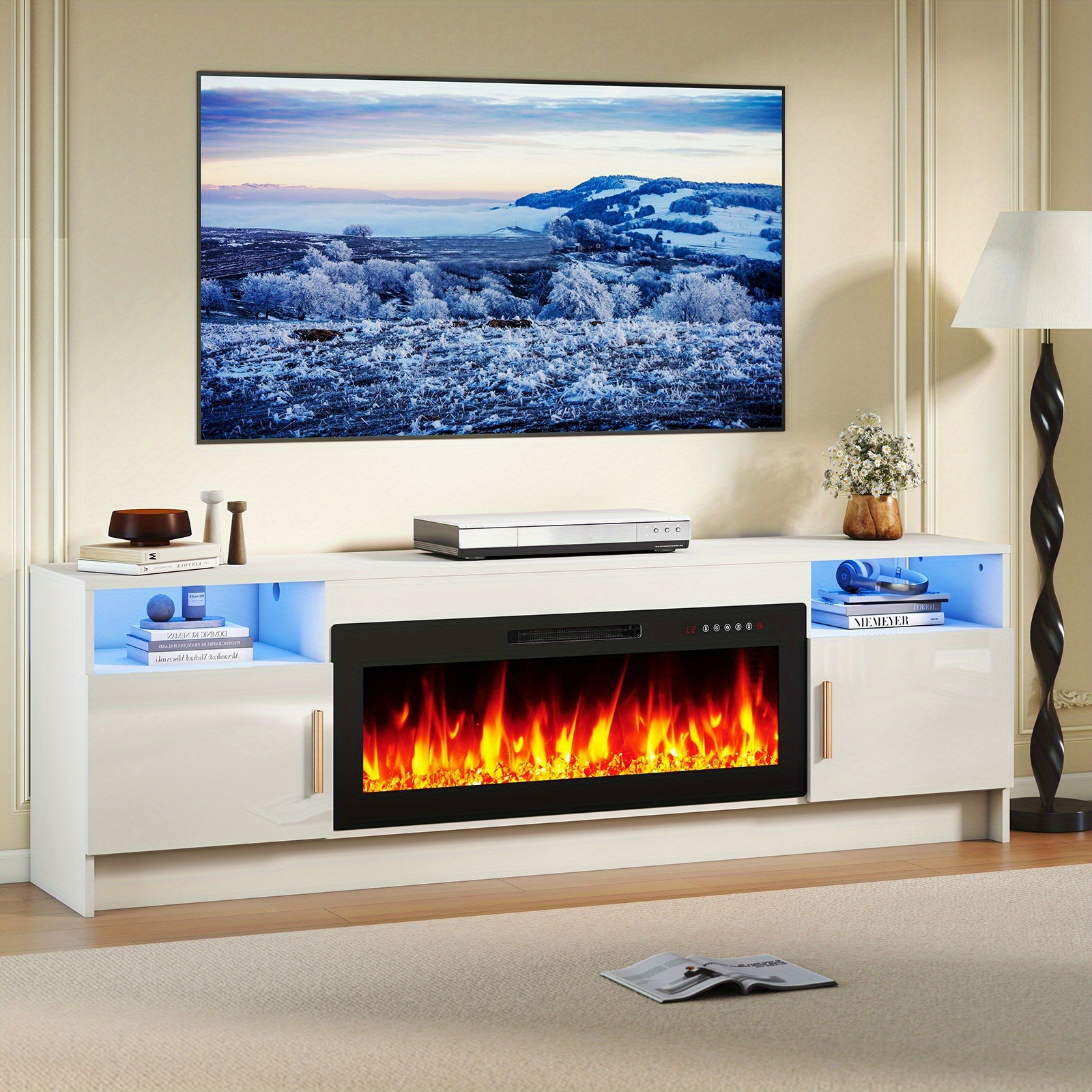 TEMU Meuble TV avec cheminée électrique 70" pour TV 80", centre de avec cheminée 36" et lumière LED, table TV avec rangement, porte haute brillante,