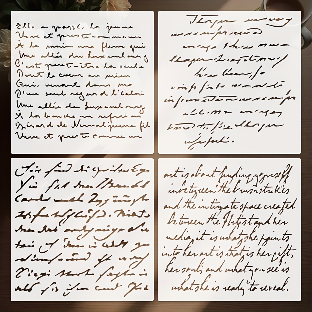 TEMU Lot de 4 pochoirs réutilisables de style écriture manuscrite, pochoirs de peinture ajourés pour journaling, scrapbooking, art mural, pyrogravure