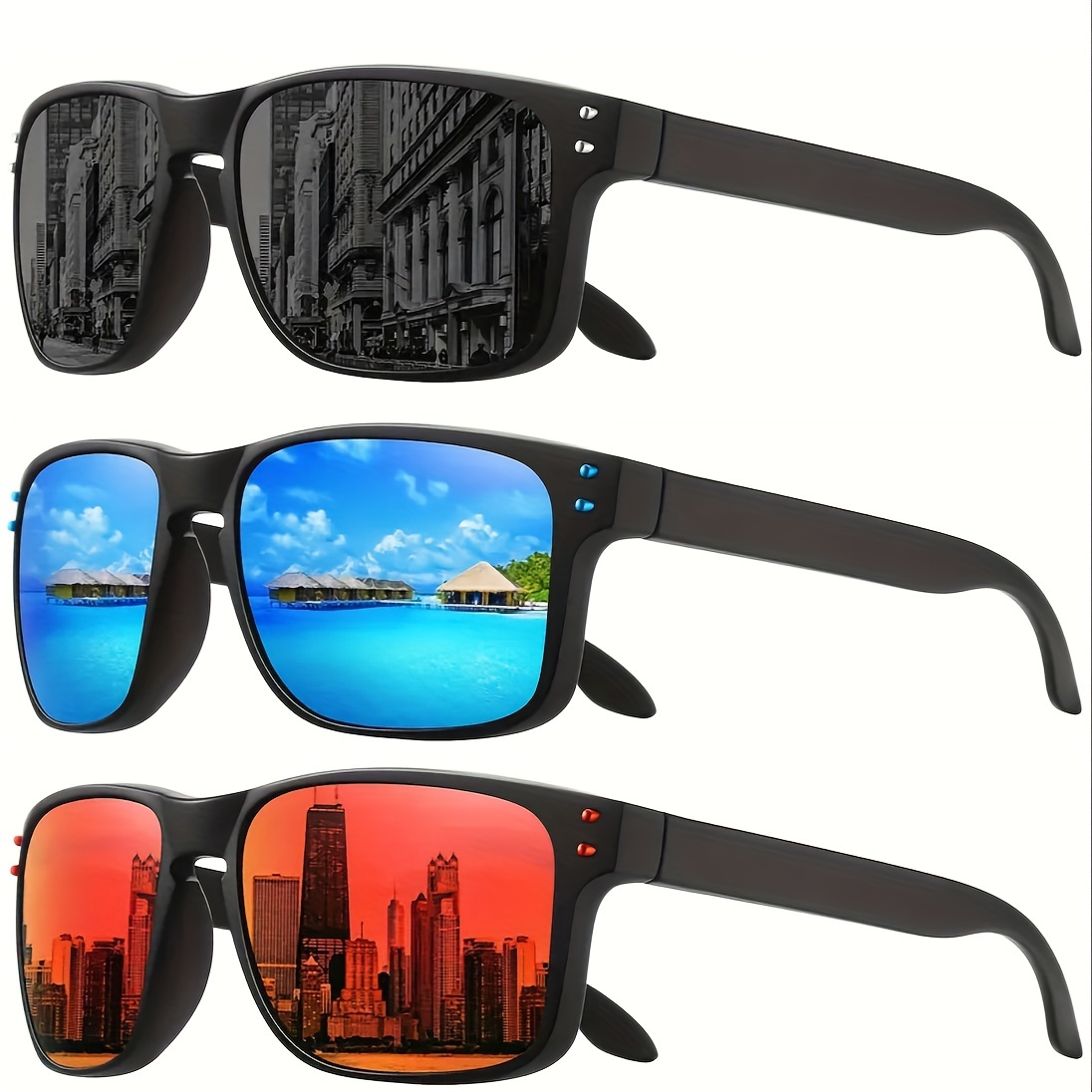 

3pcs Classic Square Fashion Glasses For Men And Women, , , Driving, Cycling, Beach Travel - Sporty Style, , Mirrored Lenses, Casual Decorative Eyewear With Plastic Hinges