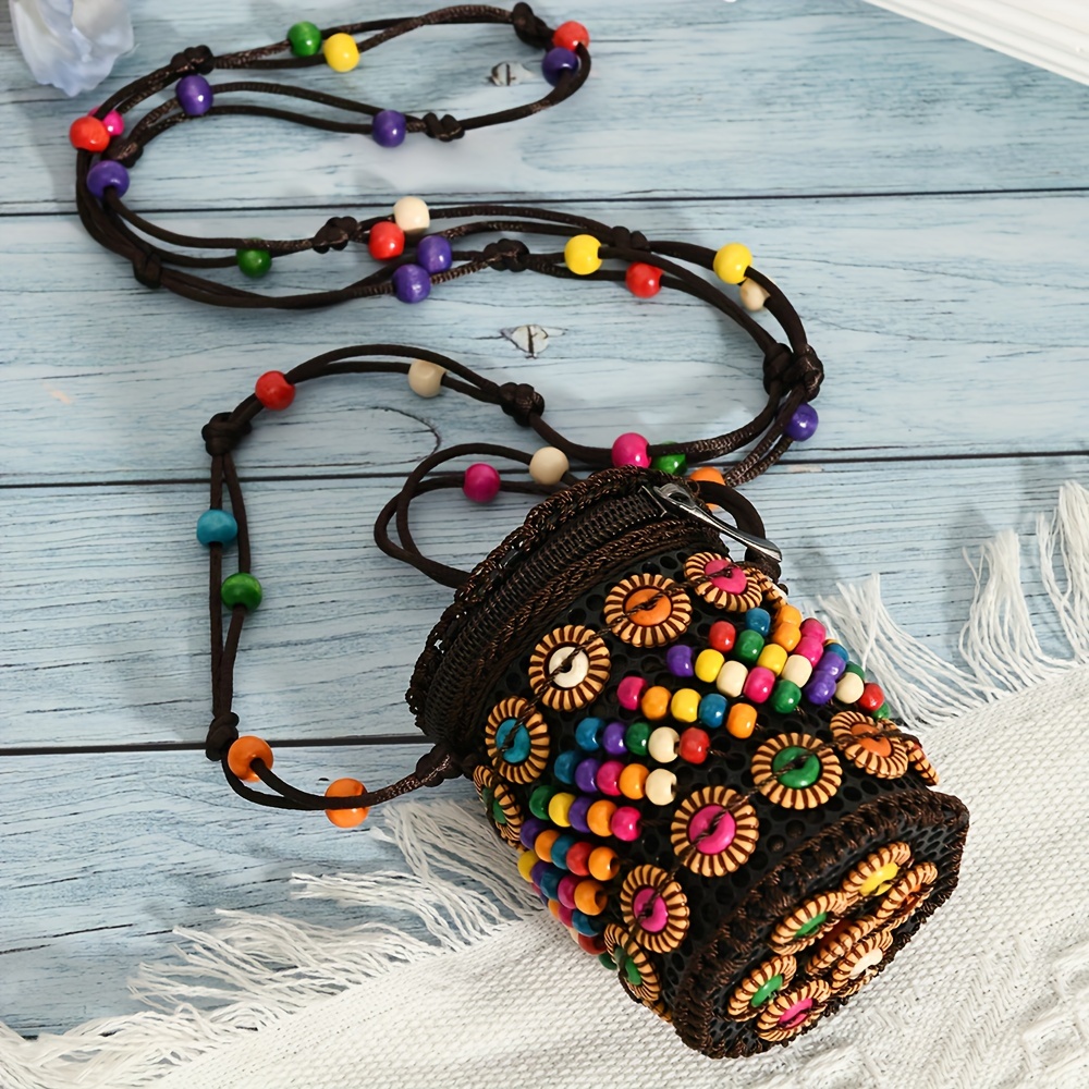 TEMU Bohemian Style Geometric Patterned Crossbody Bag With Beads, Zipper Closure, Canvas Lined, Plastic Material, Ethnic Handcrafted Shell Design, Ideal For Women's