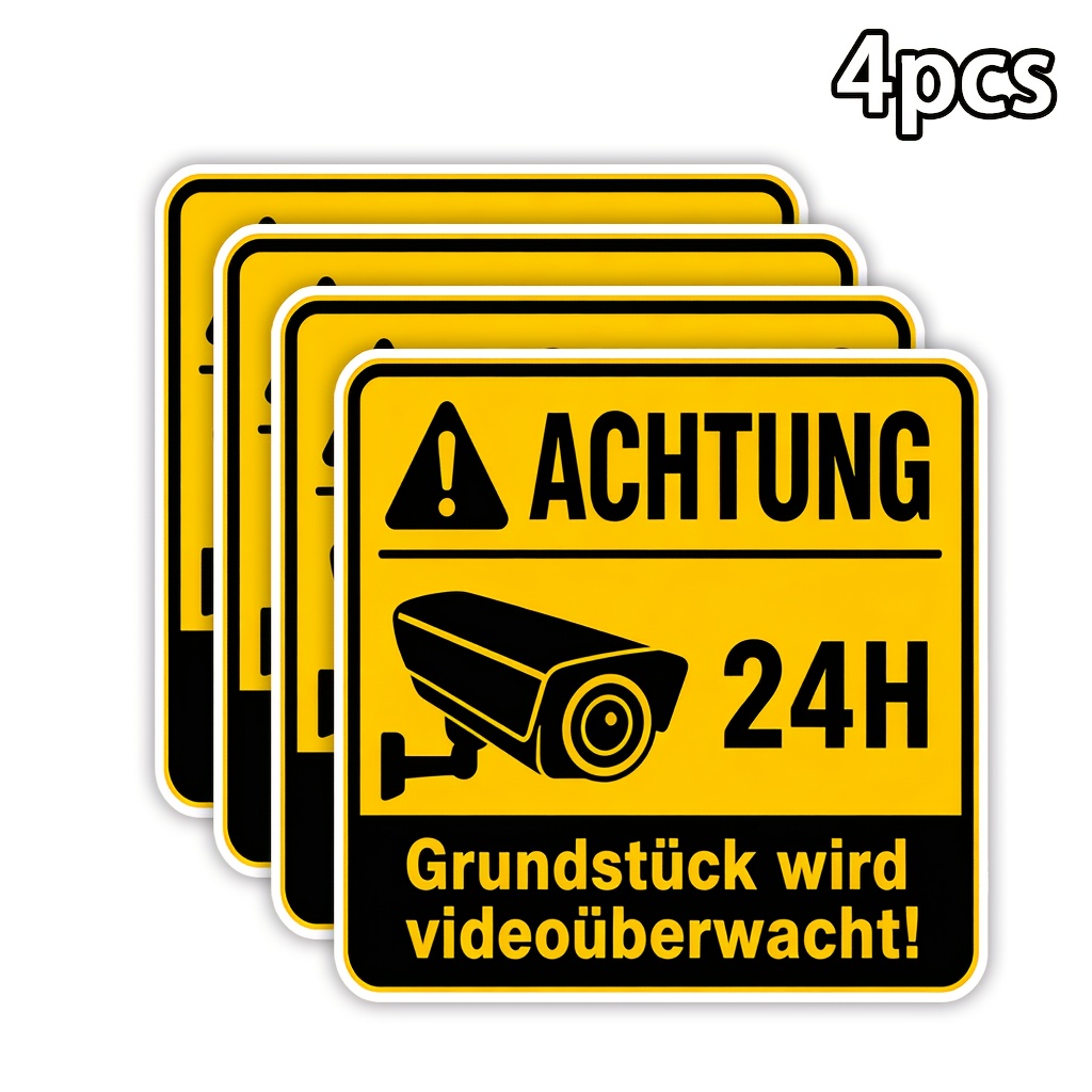 Image of 2/4pcs 24 Hour Video Surveillance Warning Stickers, German Language Pvc Security Camera Decals, Perfect For Home, Warehouse, Entrance, Garage Labels