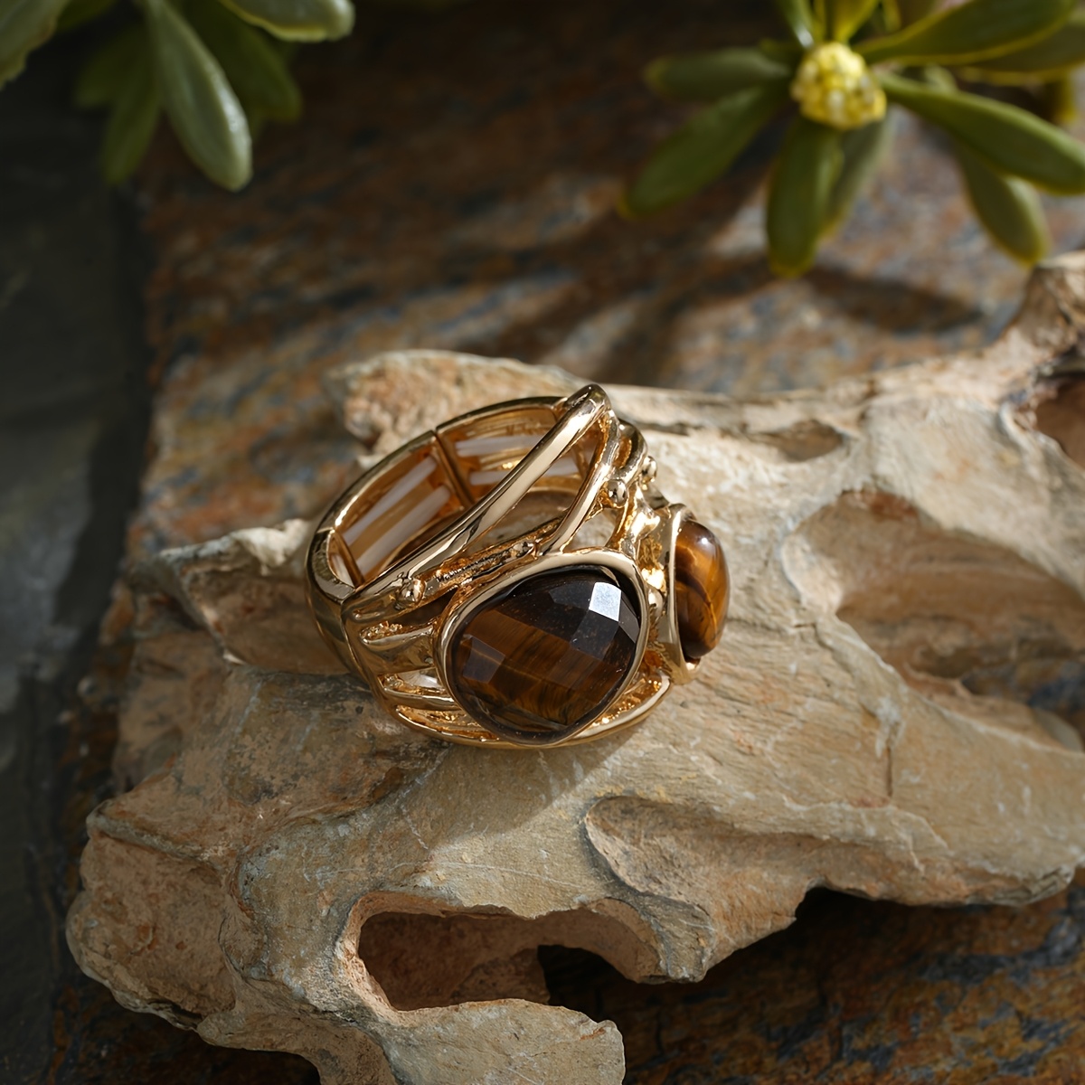 Boho Simple Geometric Natural Stone Amazonite Ring, Adjustable