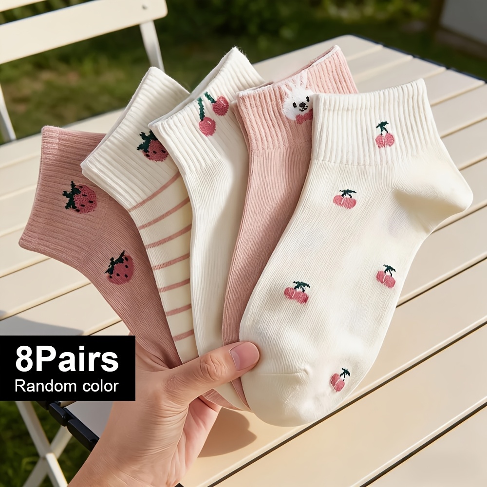 Image of 4/8 Pairs Random Color Pink Cherry Strawberry Rabbit Pattern, Comfortable And Breathable , Suitable For , Women's Short Socks, Cute Socks, Fashionable And Breathable When Worn Externally