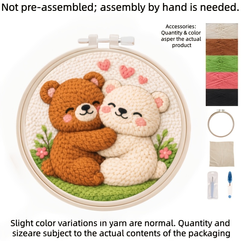 TEMU Complete Punch Needle Embroidery Craft Kit Suitable For Beginners - Cute Bear Couple Needle Threading With Pre-printed Bear Faces, Punch Needles