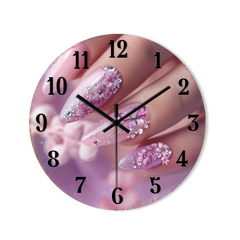 TEMU 1pc 2d Flat Wall Clock Non-ticking Wooden, Decorative Circular Clock Hd Glossy Lamination Finish Elegant Floral And Nail For Kitchen, Bedroom,