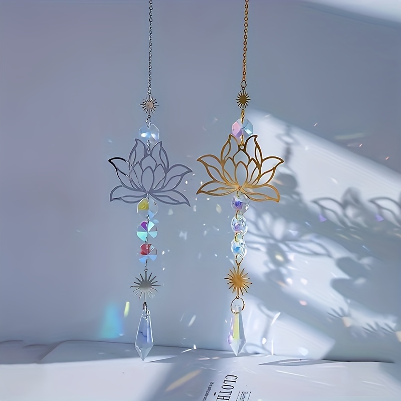 

Lotus Flower Crystal Suncatcher Pendant - Glass Hanging Prism Wind Chime For Wedding Party, Home Decor, Car Ornament, Sun Catcher, Photo Prop, Outdoor Decoration