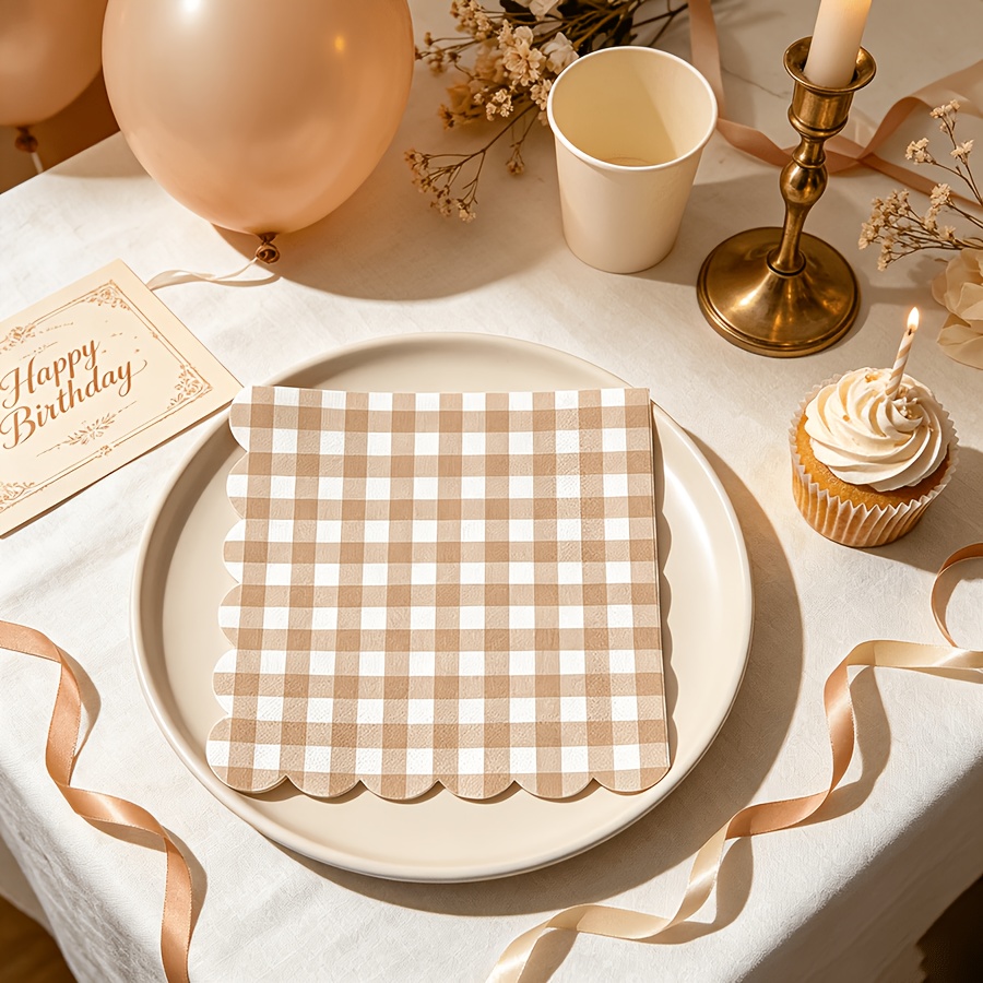 TEMU 19pcs Pack Beige & Neutral Brown Checkered Wavy Disposable Napkins - 2-ply Table Napkin Suitable For Weddings, Birthdays, Picnics, Rustic Table