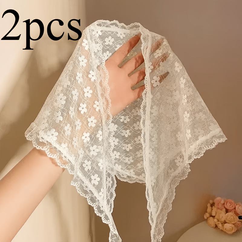 TEMU 2pcs White Floral Sheer Lace Headscarves, French Retro Scarves, Versatile Head Coverings Suitable For , Picnics And Weddings
