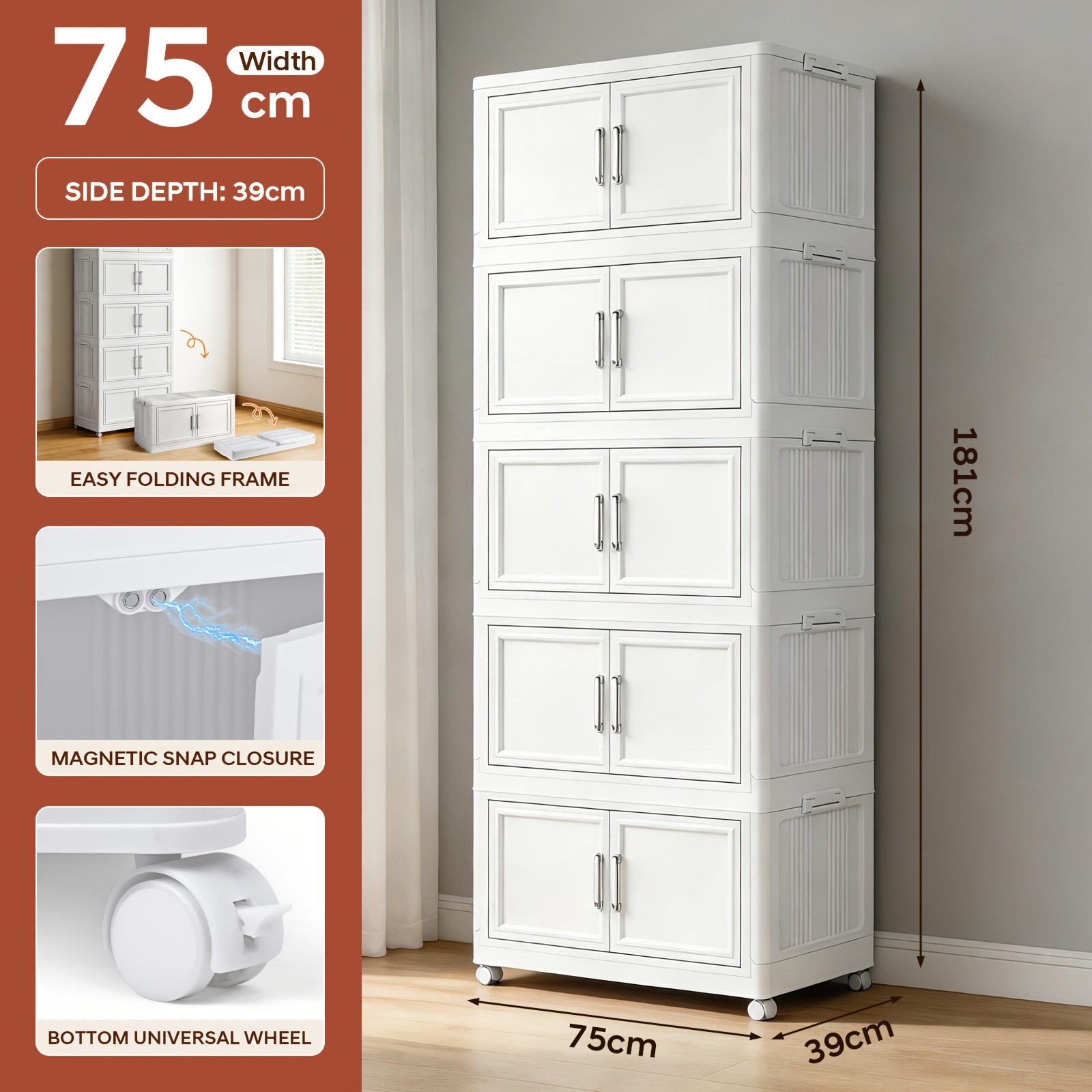 88cm Extra Large Office Storage Cabinet White Foldable Cabinet With Doors 3/4/5 Tier Freestanding Plastic Organiser In 75cm And 65cm For Office Bedroom Living Room Kitchen Garage