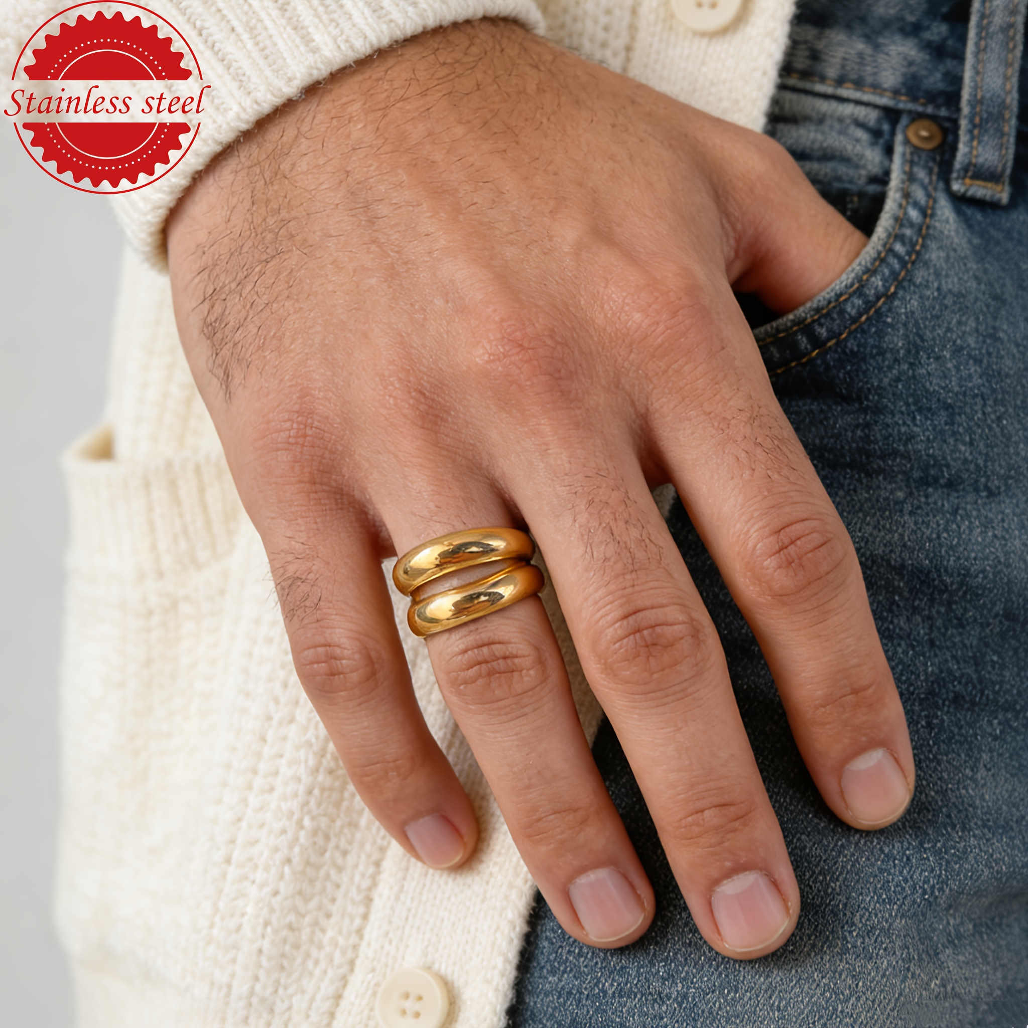 Men's Stylish 316 Stainless Steel Double Hollow Ring, Versatile Design