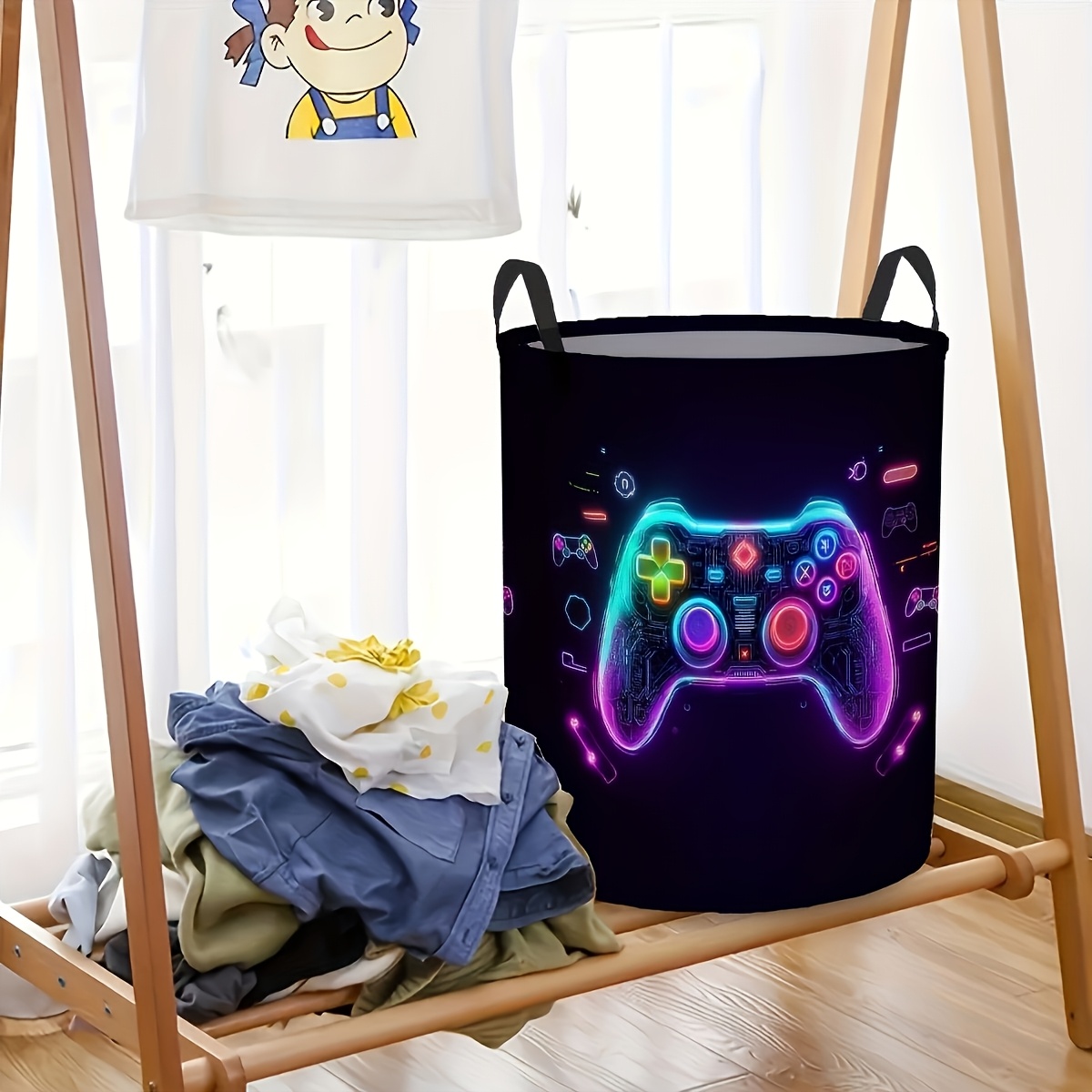 TEMU 1pc Neon Game Pattern Foldable Laundry Basket - Vibrant Game Controller Design, Durable Polyester, Suitable For Clothes And Sundries,