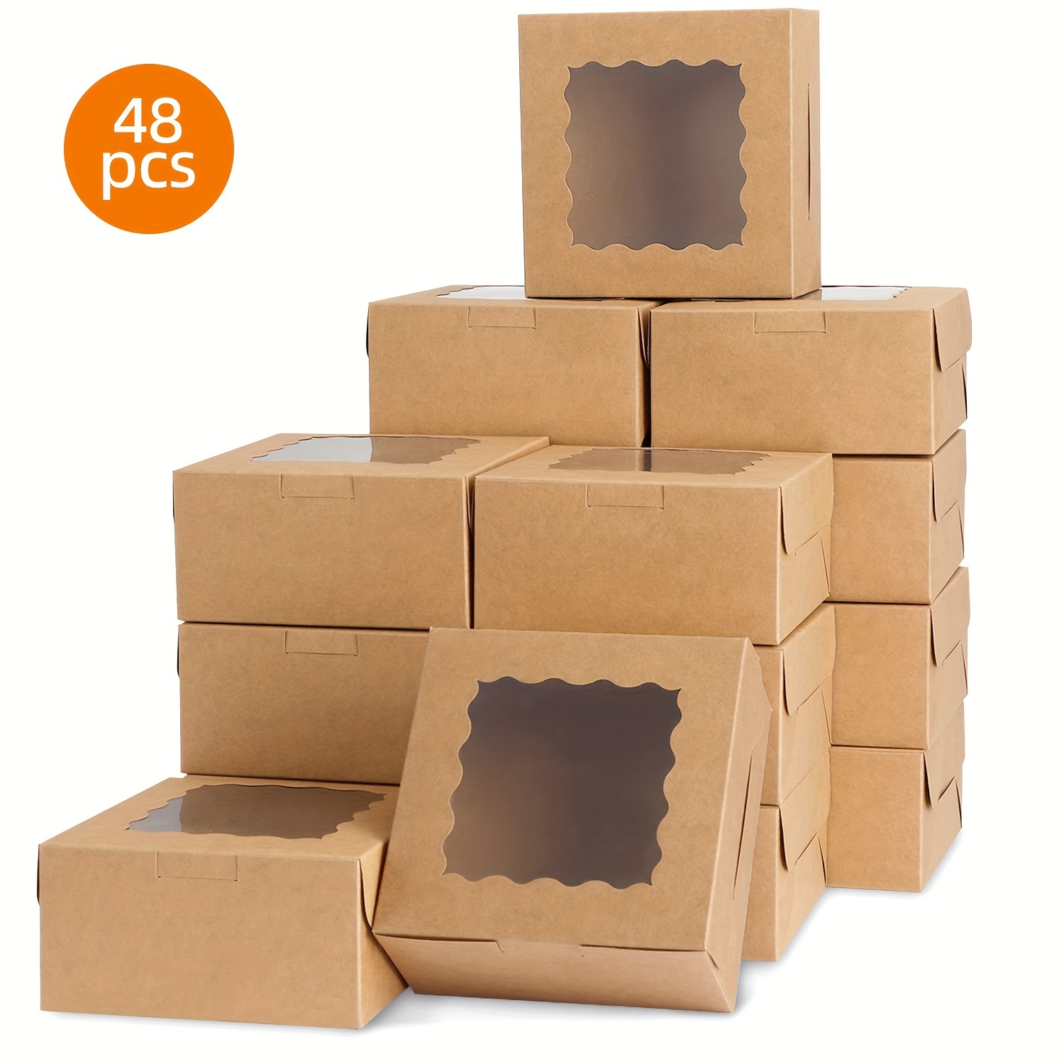 

48pcs Boxes, Kraft Paper Bakery Boxes With Windows For Treat, , Pastry, Cupcakes, Pie, Donuts, Used In Bride Shower, Wedding, Birthday Party, Christmas, 6x6x3 In