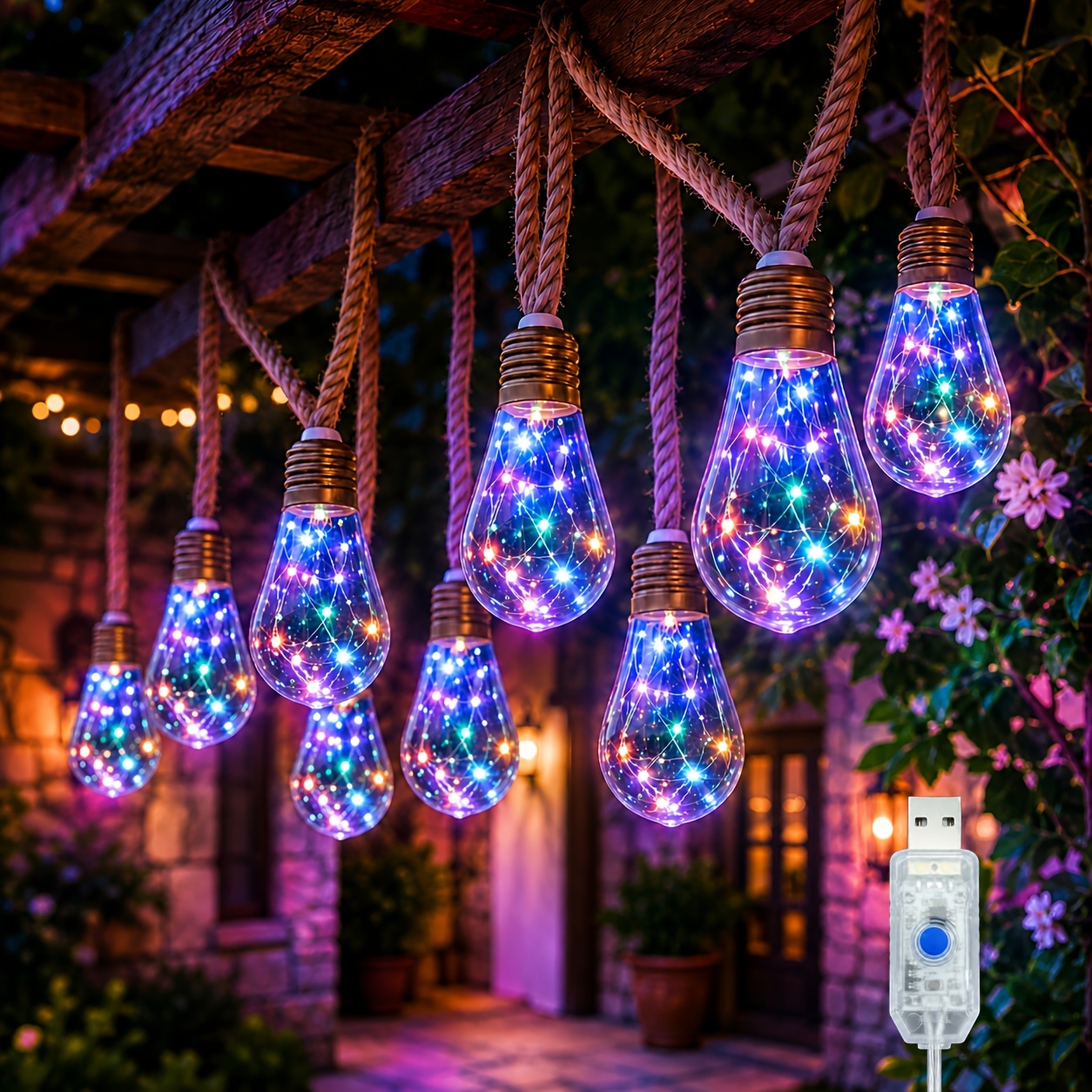 TEMU Outdoor Fairy Light String Usb Power Supply, 24/16/8 Retro Hemp Rope Light Strings, 8 Flashing , Suitable For Christmas, Tree, Camping, Birthday