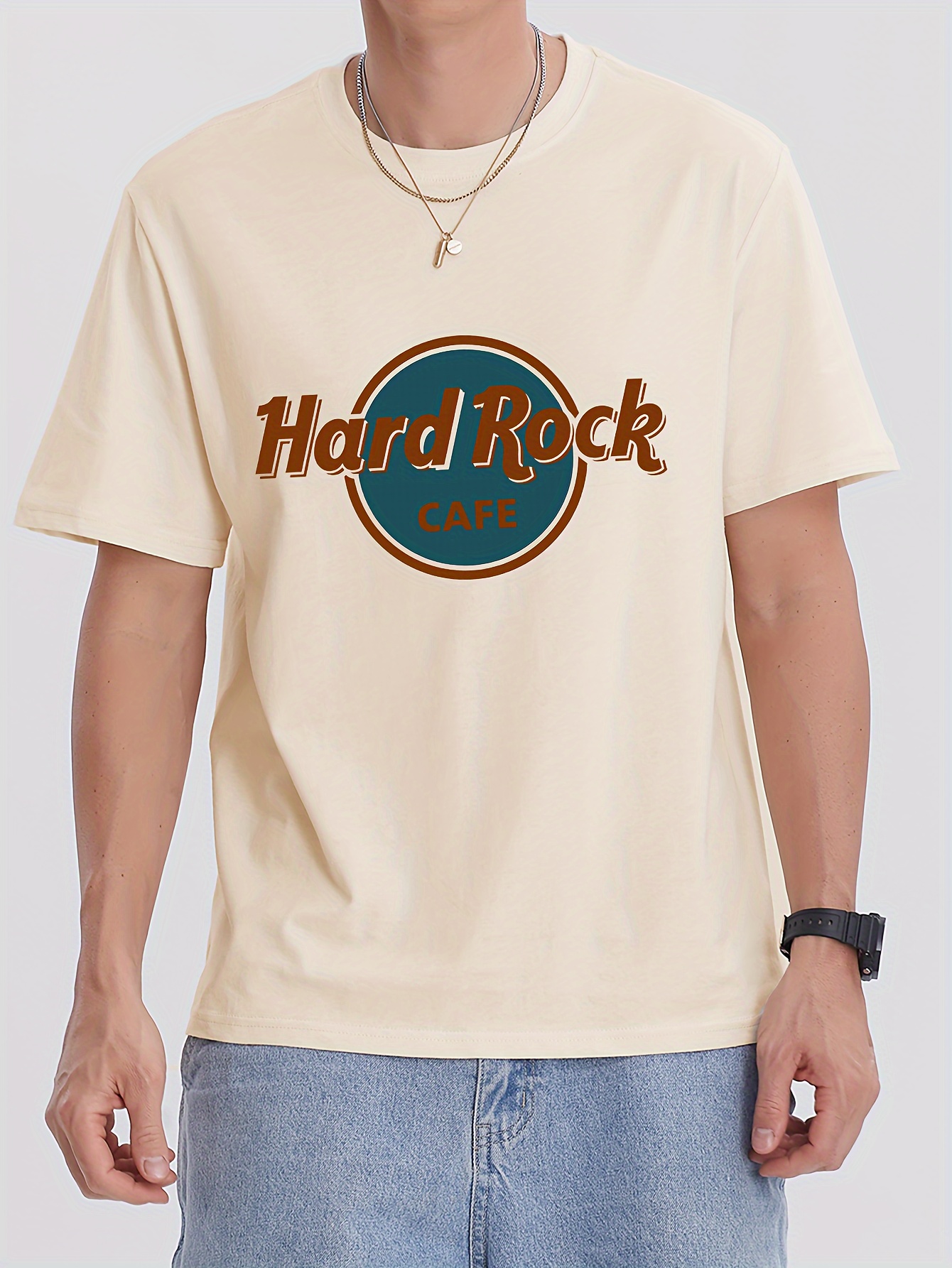 Creative Hard Rock Cafe Letter Print T-shirt, Stylish & Breathable Street Fashion For Men, Simple Comfy Top, Casual Crew Neck Short Sleeve T-shirt For Summer