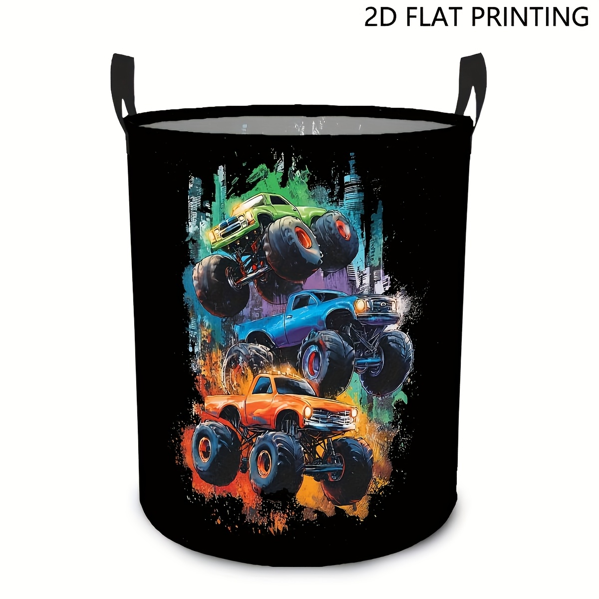 TEMU 1pc Monster Truck Cityscape Storage Basket - Large Round Foldable Organizer With Sturdy Handles, Durable Polyester, Vibrant Monster Truck Design