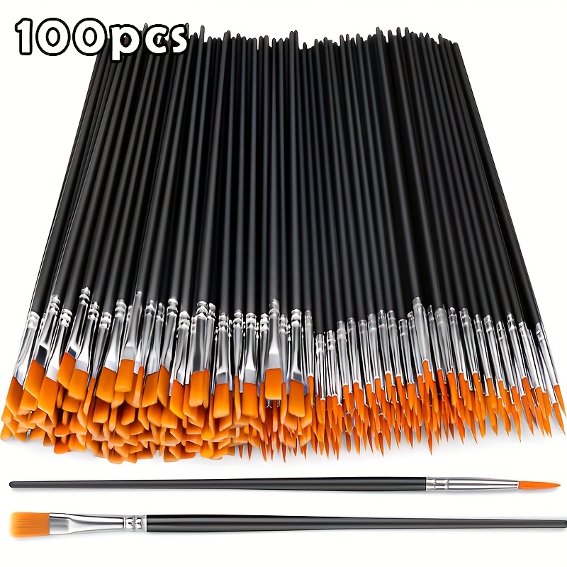 

100pcs Professional Synthetic Paint Brushes Set, Flat & Round Tips, Nylon For Acrylic, Oil, Watercolor Painting, Artist Brushes Kit