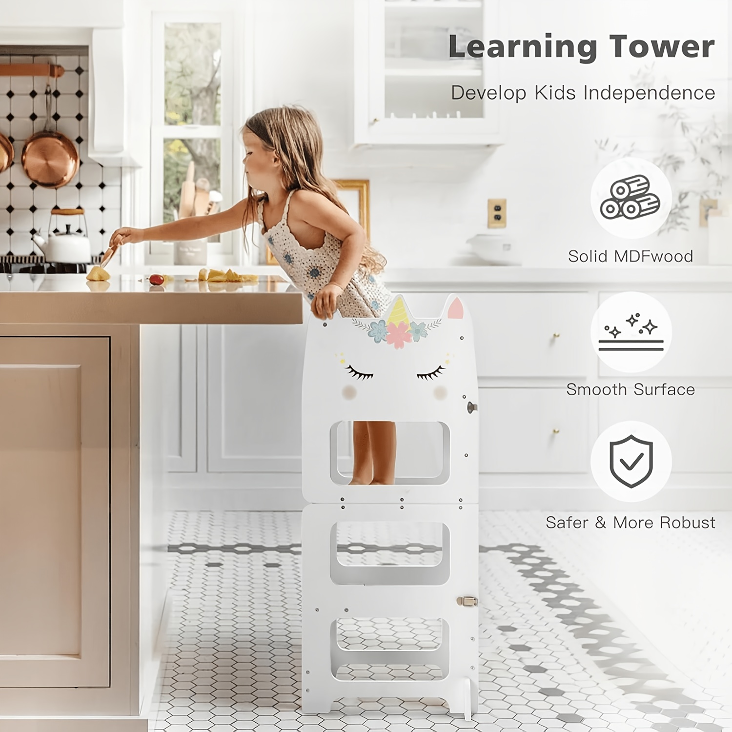 Wooden Foldable Learning Tower with Blackboard - 3-In-1 Step Stool And Assisted Standing Tower, Foldable Kids Table And Chair Set, for Toddlers 18+ Months