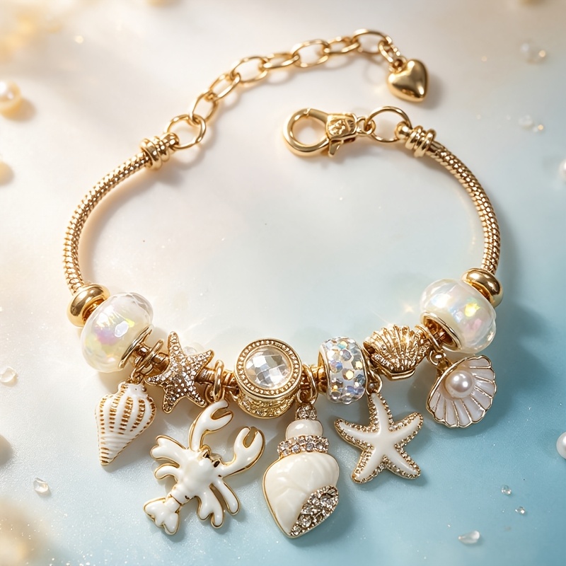 TEMU Milky -themed Diy Beaded Snake Chain Bracelet With Lobster, Starfish, Conch Shell, And Seashell Pendants. Features An Adjustable Golden Snake