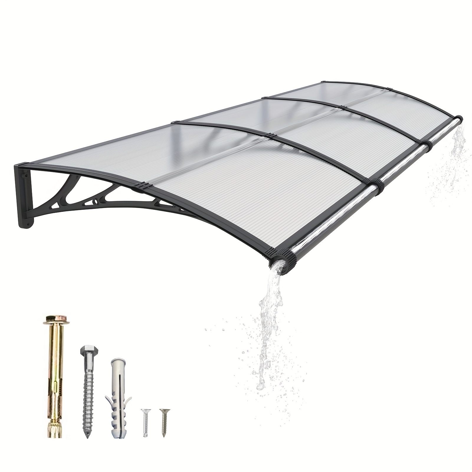 Image of 350cm X 100cm Window Awning Door Canopy With Large Drainage Gutter Polycarbonate Hollow Sheet Awning Patio Door Uv Rain Snow Toldo Para Patio Awnings, Brown Or Clear Panel