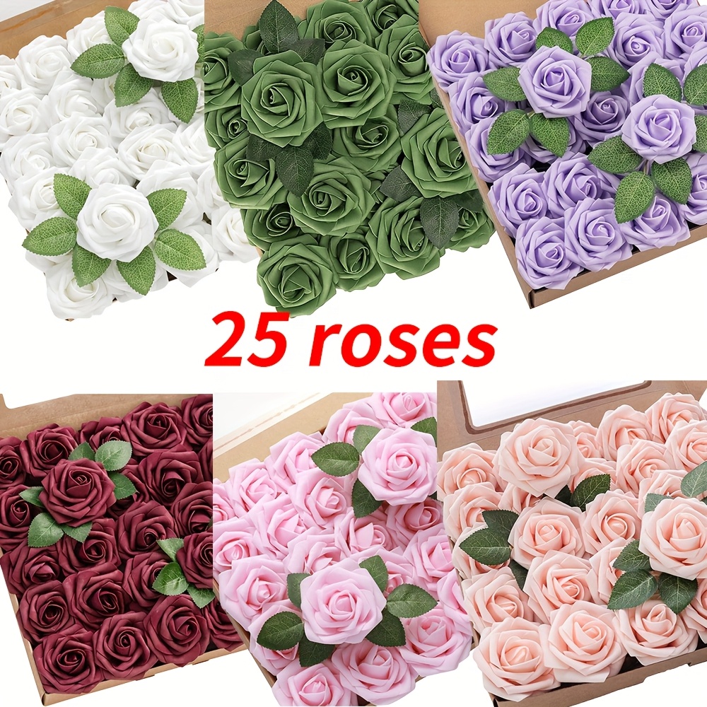 

1 Set Of 25pcs Artificial Roses, False Rose Decoration, Foam Rose With Stem Diy Wedding Bouquet Flower Art Bride Shower Party Home Decoration Outdoor Artificial Flowers (6 Colors)