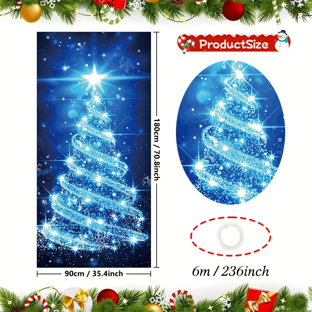 TEMU Blue Christmas Tree Welcome Banner - Polyester Door Cover, Winter Farmhouse Decor & Outdoor