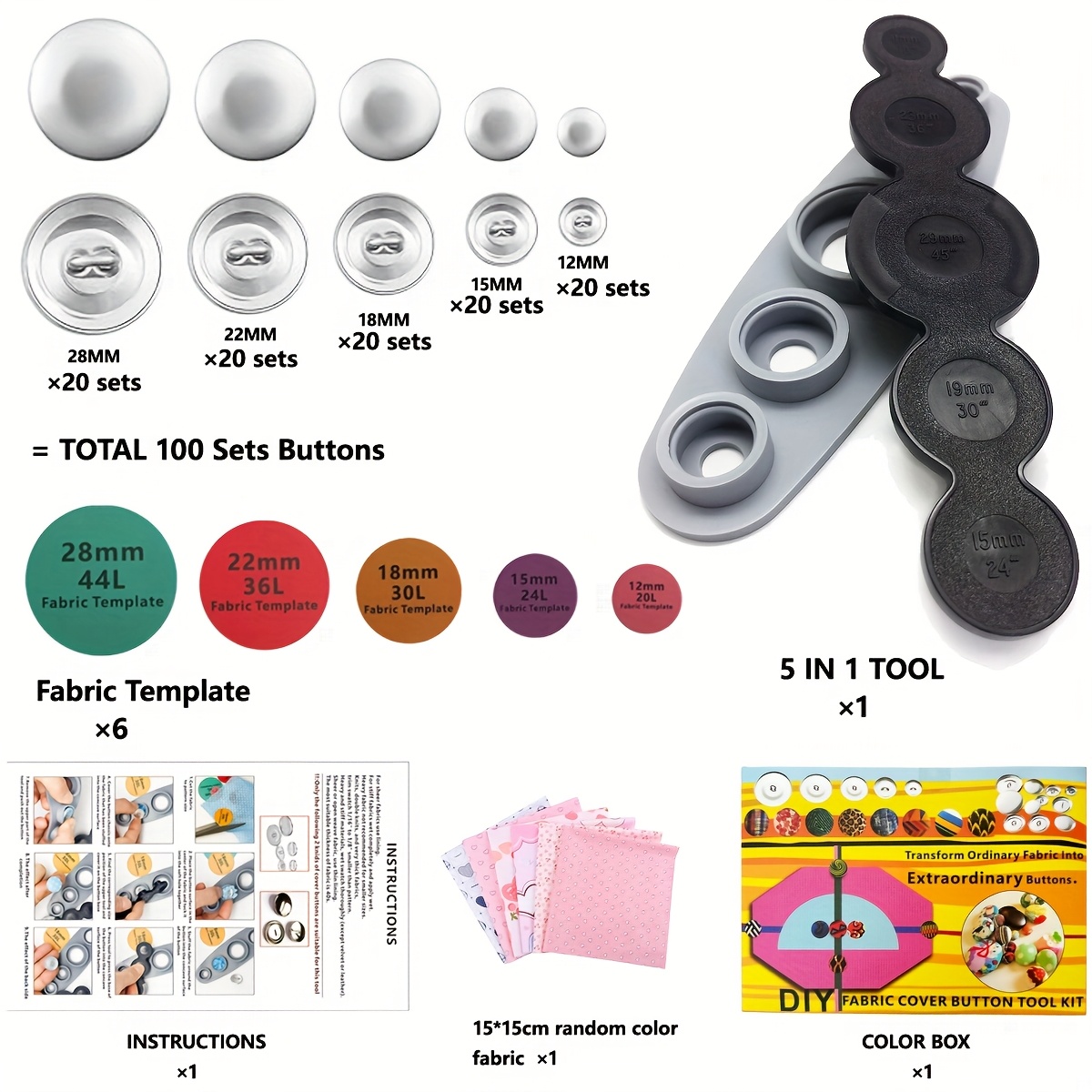 

Kit de 100 pièces pour des boutons, couvre-boutons en tissu avec 5 tailles et 1 outil, ensemble de fabrication de boutons personnalisable pour les manuels et les de couture