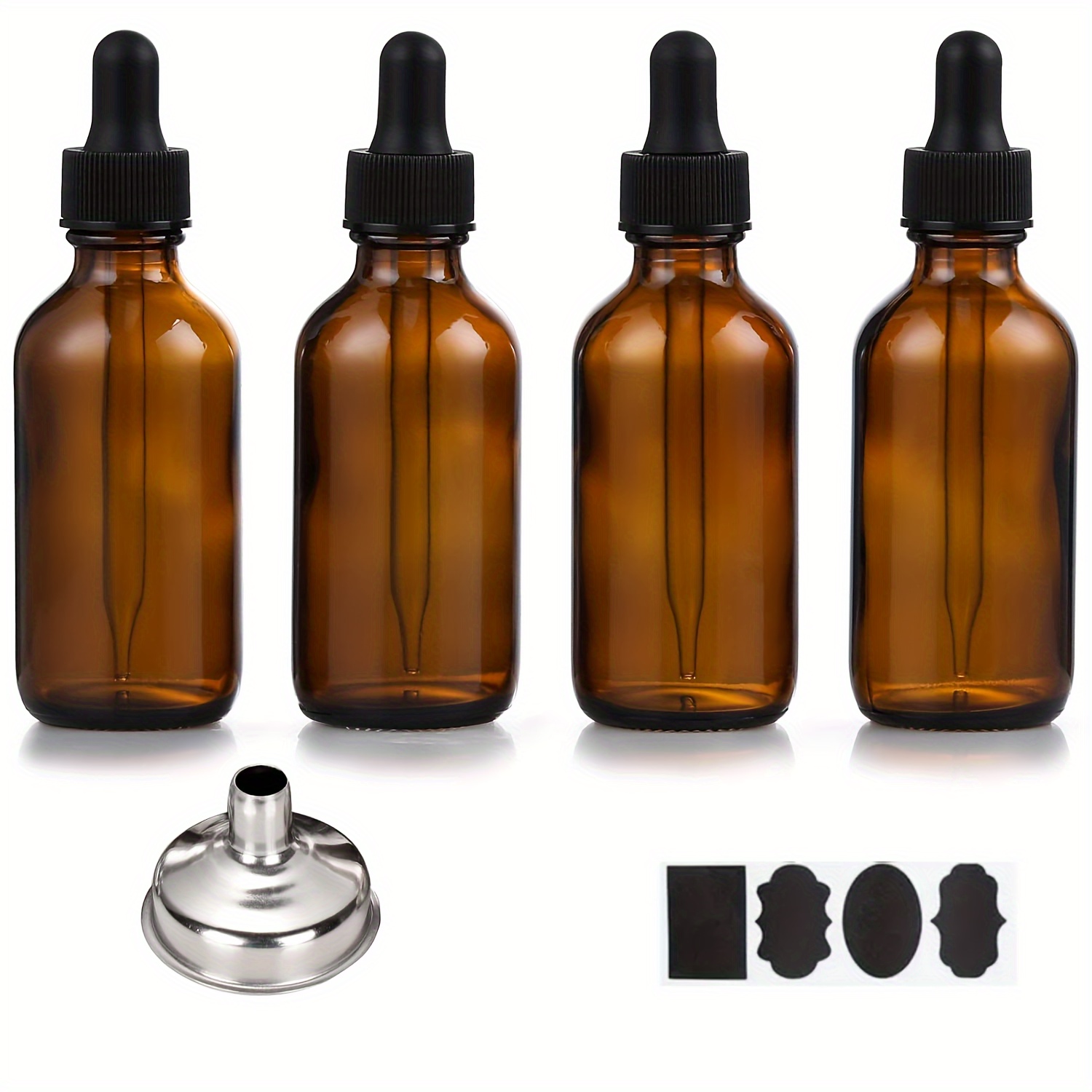 

4pcs 2 Oz Eye Dropper Bottles With 1 Stainless Steel Funnels & 4 Labels - 50ml Thick Dark Amber Glass Tincture Bottles - Leakproof Essential Oils Bottle For Storage And Travel