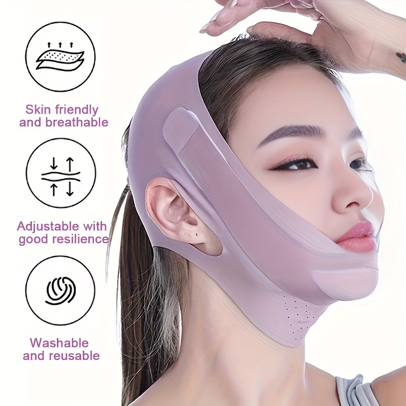 item picture double chin facial contour lifting tool elastic breathable purple face strap with adjustable straps   for jawline definition neck wrinkle reduction non skincare face lifting device
