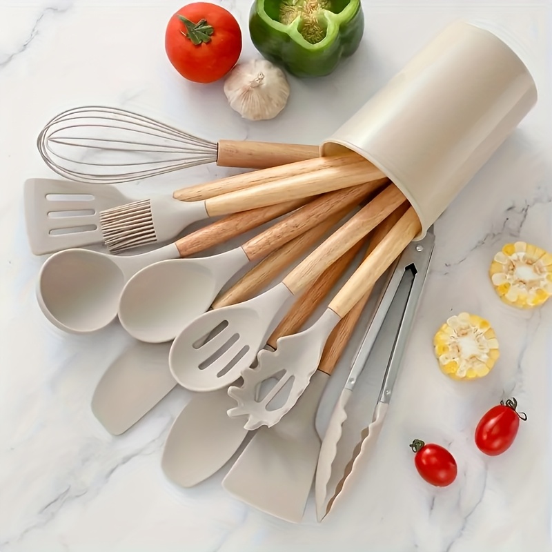 

12pcs Silicone Kitchen Utensil Set With Wooden Handles | Bpa-free & Cooking Tools | Heat-resistant, Easy-clean & Cookware For , Silicone Cooking Utensils