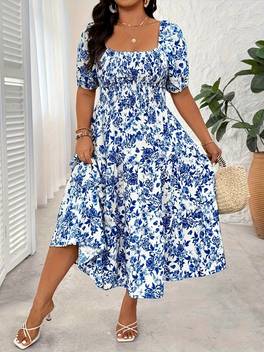 plus size womens floor length bohemian blue white puffed sleeve a line maxi dress with square neckline smock front floor length a line hem machine washable floor length party wedding guest dress for beach vacations semi formal events blue white floral print fit puffed sleeve line silhouette bohemian style long flowing train elegant resort wear spring summer use plus size party dress plus size summer dresses for curvy women