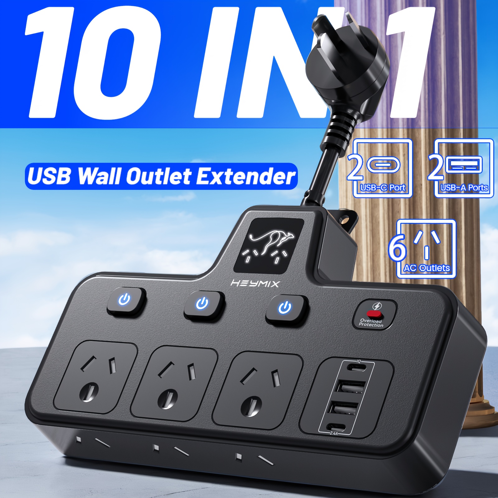 TEMU 10-in-1 Heavy-duty Power Strip With 6 Ac Outlets, 2 Usb-c & 2 Usb-a Ports, 2400w Surge Protector, Individual Switches & Protection, Australian