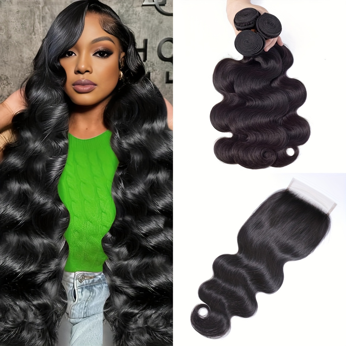 3 Bundle Peruvian Hair Full Body Wave+4x4 Closure Amazon.com : Human Hair Bundles Body Wave 3 Pcs Weft & 1 Pc  main image 3