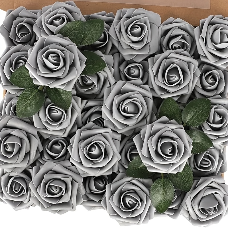 TEMU Fleurs artificielles 30 pièces, 25 fleurs, 5 feuilles, tige en mousse , fausses roses à l' réaliste, pour bricolage, blanc, cadeau de mariée,