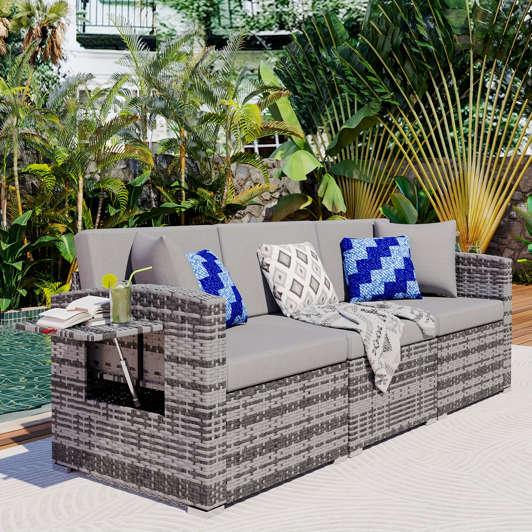 [Patio Furniture Set] 3pcs PE Rattan Patio Furniture Set | All-weather Wicker Modular Couch With Cushions, Outdoor Conversation Set For Porch Backyard Garden