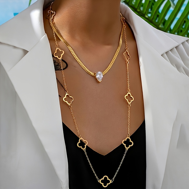 TEMU Ensemble de 2 luxueux en verre tombant avec incrustation d'os de , long collier en acier inoxydable et élégant, parfait pour , les fêtes, les