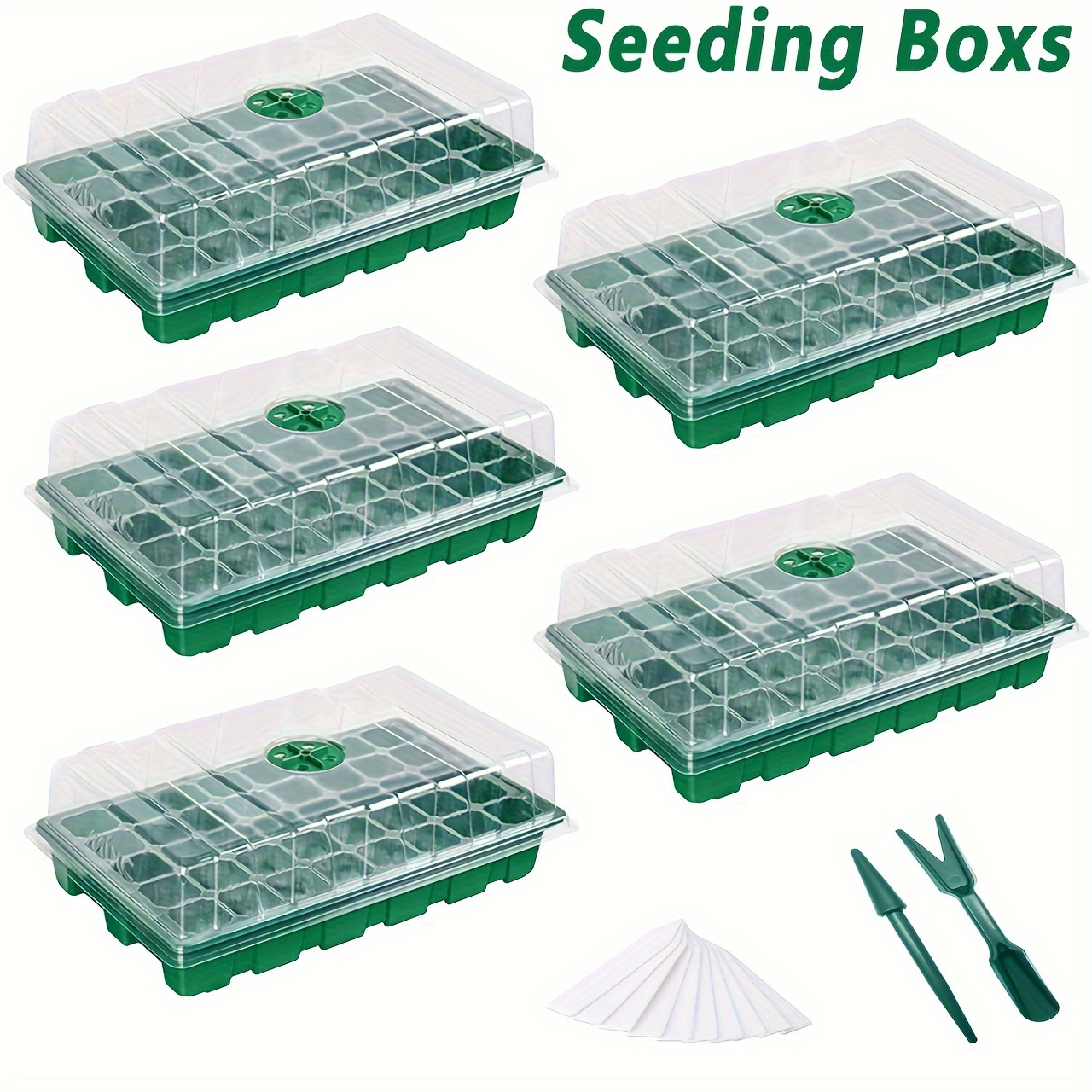 

5 Seedling Trays, Garden Seed Kit With Humidity Ventilation Dome And Base, 40 Cells Per Tray For A Total Of 200 Cells, Mini Greenhouse Planting System, 15.3 X 9.8 Inches, Green